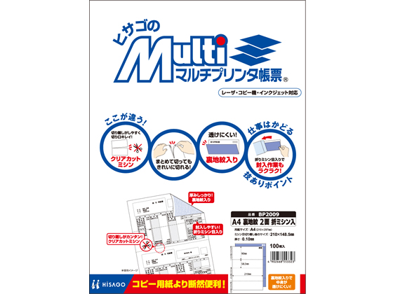 ヒサゴ マルチプリンタ帳票 A4 裏地紋 2面 100枚 BP2009 通販