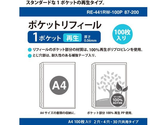 プラス 差替リフィル 1ポケット A4 2・4・30穴 100枚 透明 R-PP【通販