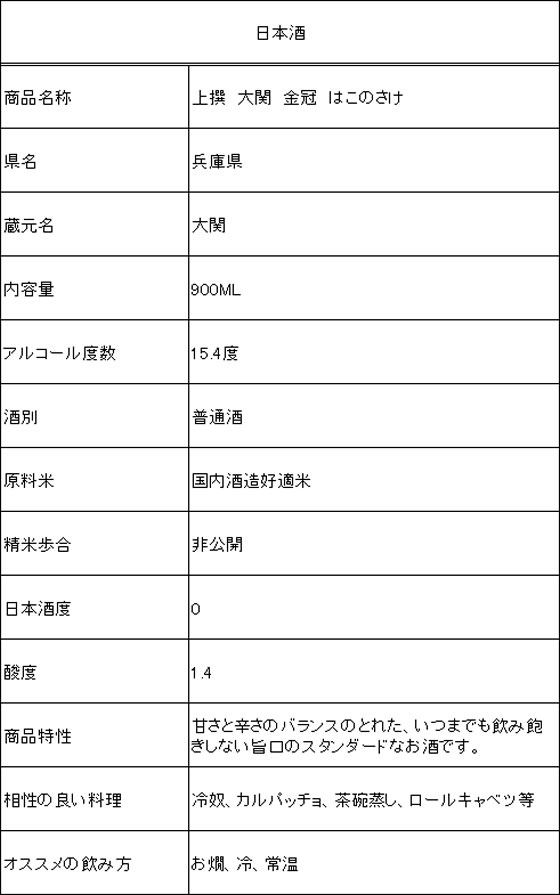 酒)兵庫 大関 上撰 大関 金冠 はこのさけ 900ml | Forestway【通販フォレストウェイ】