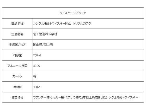 酒)宮下酒造 シングルモルトウイスキー岡山 トリプルカスク 700ml 43度