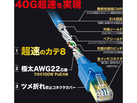 サンワサプライ カテゴリ8 LANケーブル(ブルー・10m) KB-T8-10BL