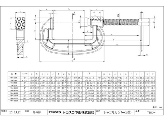 TRUSCO シャコ万力(バーコ型)100mm ネジ・キャップ・リング TBC-100E