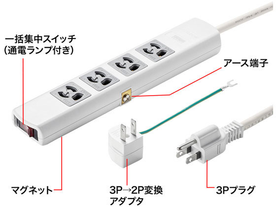 サンワサプライ 電源タップ 3P・4個口・5m TAP-34MG-5【通販フォレスト