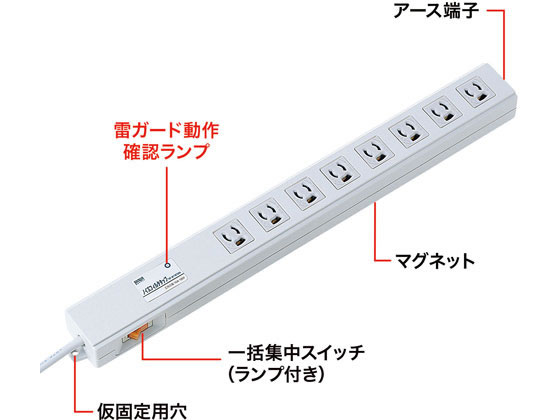 サンワサプライ ノイズフィルタタップ 3P・8個口・2m TAP-3811NFSWN